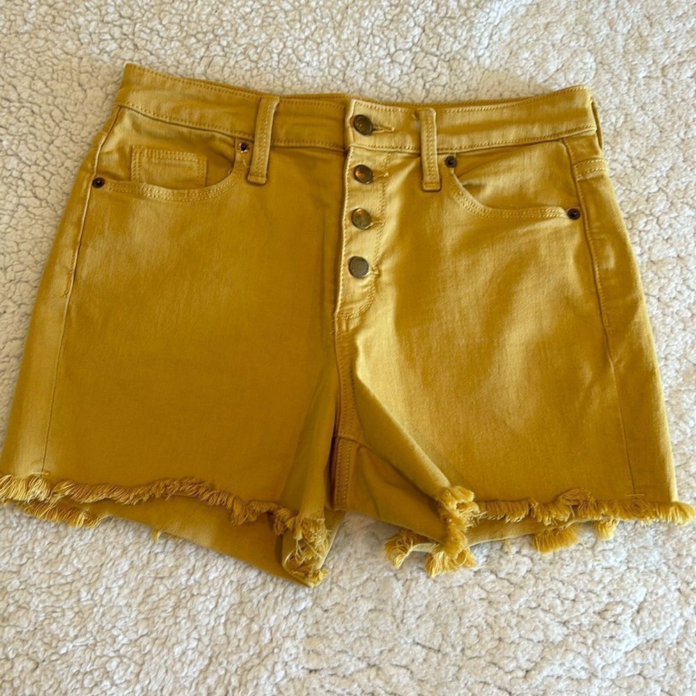 High-Rise Mustard Yellow Frayed Hem Denim Shorts